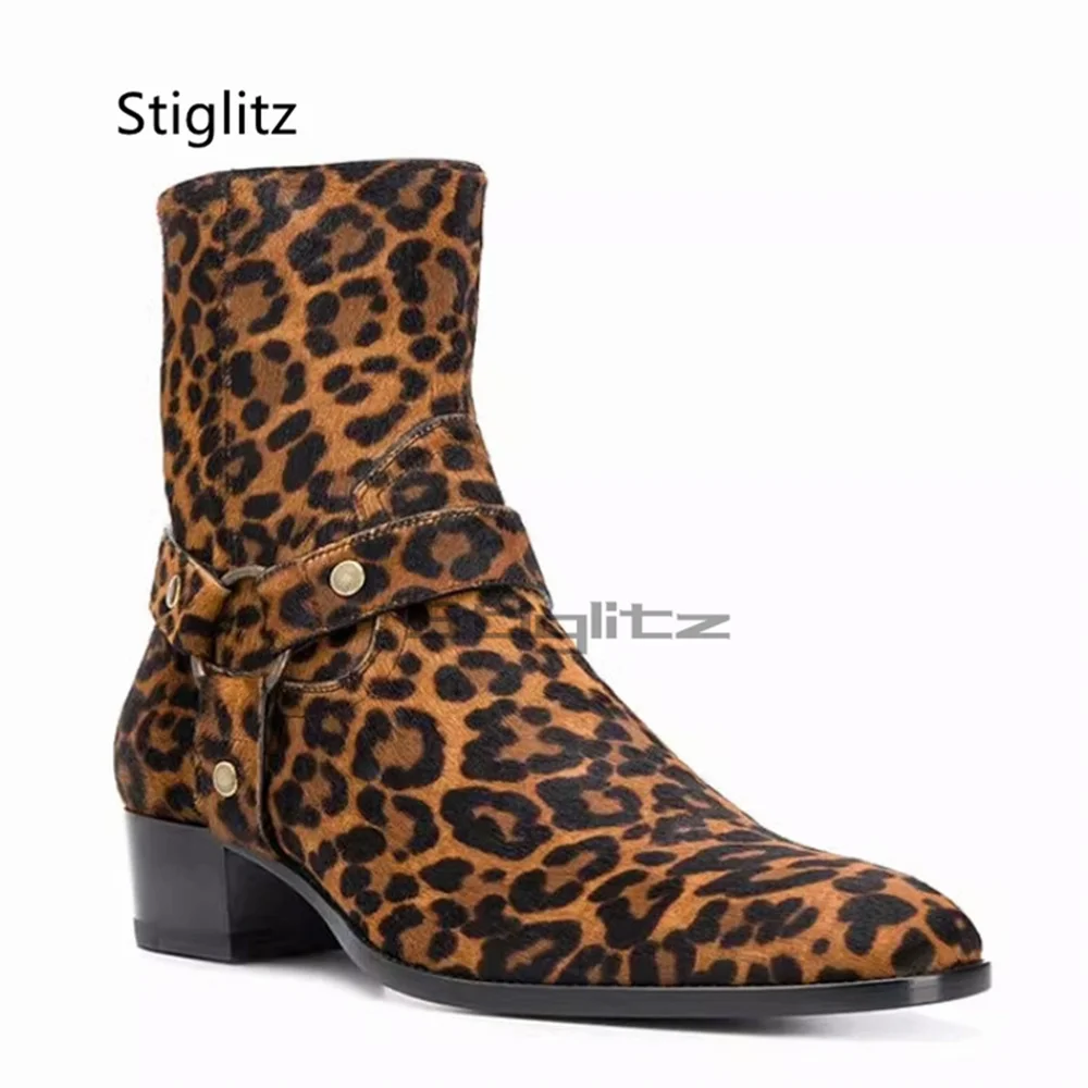 Men's Leopard Print Horse Chelsea Boots Metal Ring Buckle Strap Block Heel Pointed Toe High Top Ankle Boots Autumn Winter Shoes