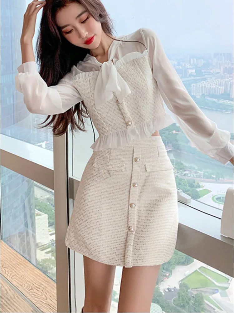 Small Fragrance Style Fashion Patchwork Tie Bow Long-sleeve Shirt Top + A-line Short Skirt Suits 2-piece Set For Women's Outfits