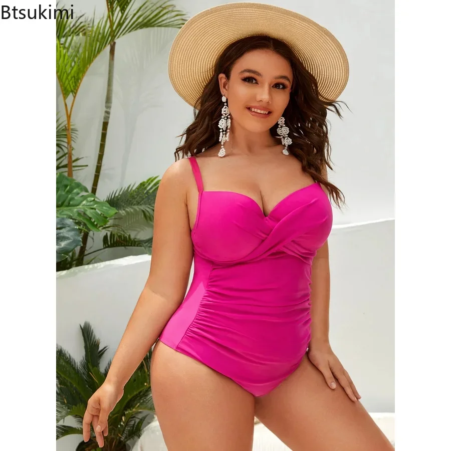 2024 Oversized Swimwear Pleated Hard Cup One Piece Bikini Solid Sexy Women's Swimsuit Push Up Surfing Suit Monokini Bathing Suit