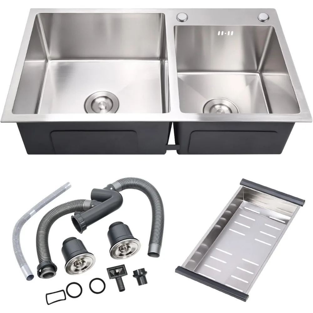 

Modern Nano-Coated Stainless Steel Kitchen Sink, 30.7x16.9 Inch, Double Bowl, Drop-in and Topmount, with Drainage Pipes