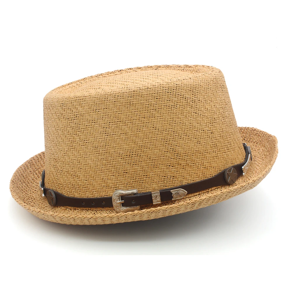 Men Women Straw Pork Pie Hats Summer Sunhat Boater Caps Sailor Sombrero Beach Fedora Trilby Outdoor Travel US Size 7 1/4 UK L