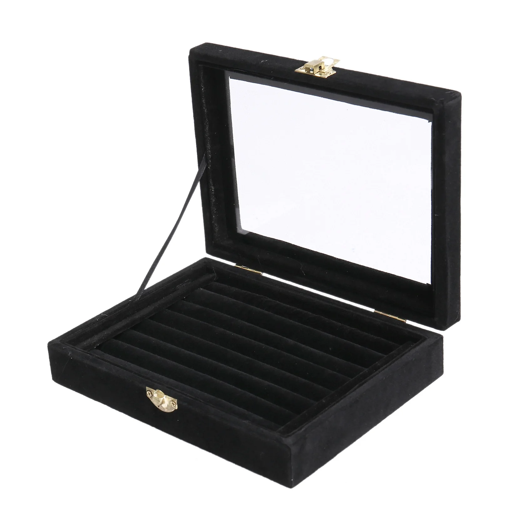 Velvet Glass Ring Earring Jewelry Display Organizer Box Tray Holder Storage Case, Black