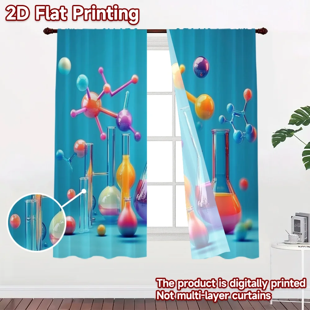 2D flat 2pcs Curtain French Romantic Style Colorful Chemistry Lab Glassware Digitally printed polyester, colorfast Festive