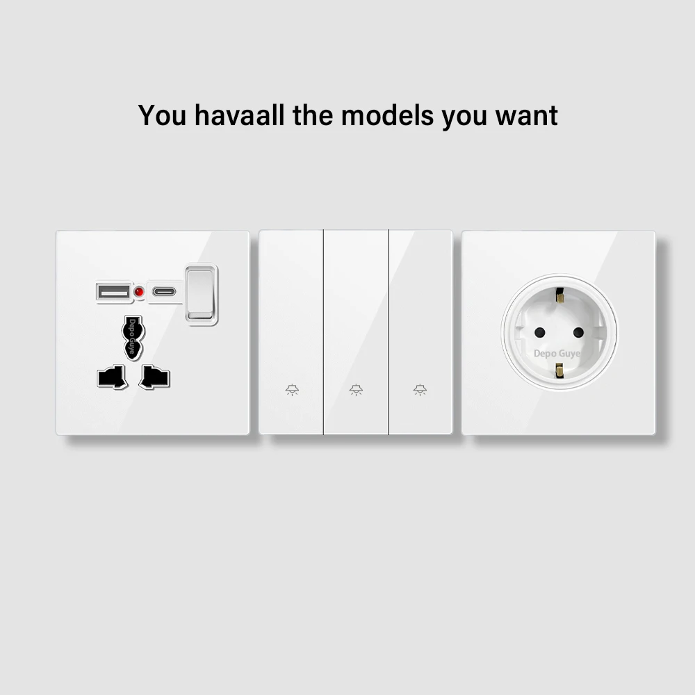 White Glass Wall button  Switch Panel EU UK Standard 16a Socket Large Panel Wall Light Switch Usb TypeC Socket Net TV Tel Socket