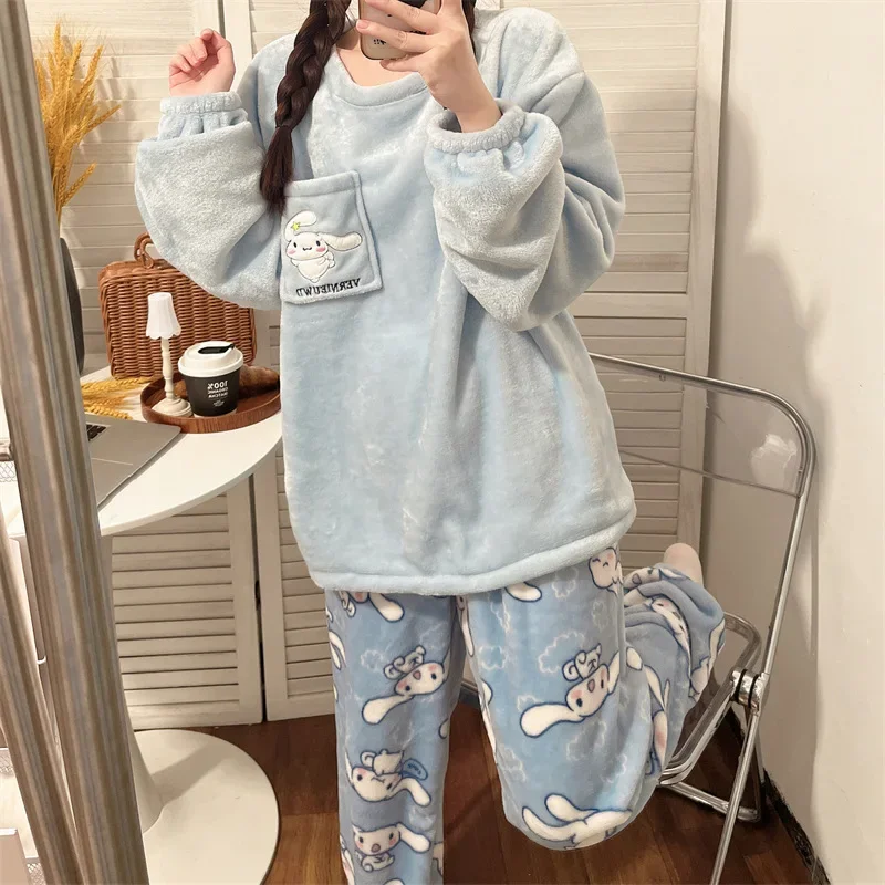 1 Set Cartoon Kuromi Cinnamoroll HelloKittys Women Plush Pajamas Set Kawaii Spring Winter Home Clothes New Girl Thicken Cute