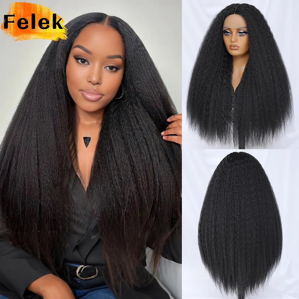 Long Yaki Straight Synthetic Lace Wigs For Afro Women 28 Inch Black Soft Kinky Straight Wigs Hair Replacement Fluffy Afro Wigs