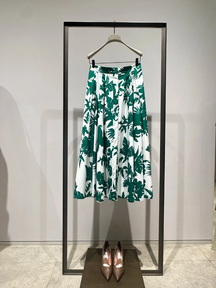 

High Waist A-Line Skirt Maxi Cotton Gauze Printed Split Hem Commute Style Women's Fashion Summer New Arrival Half Skirt