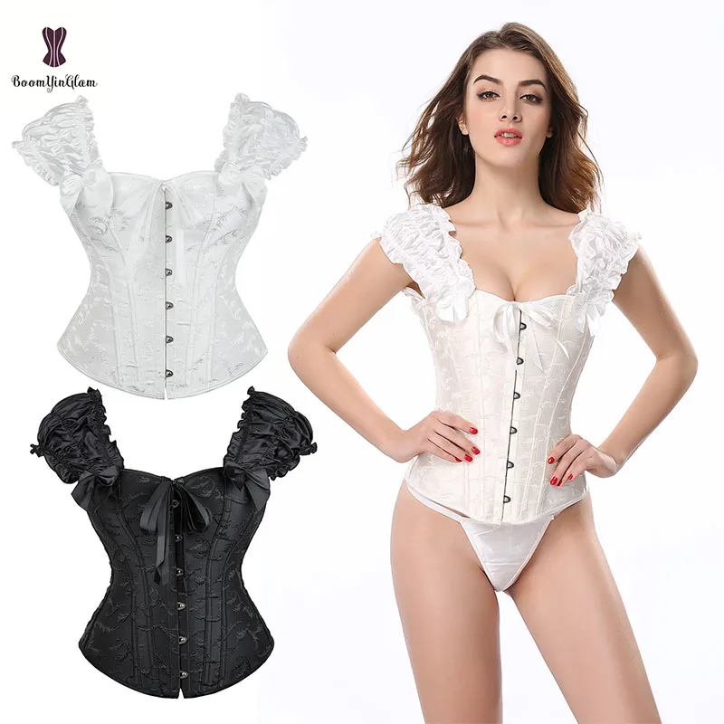 

Ruffle Shoulder Strap Corset Spiral Steel Boned Corsets Women Overbust Korset Waist Slimming Shaper Black White Busiter Top Sexy