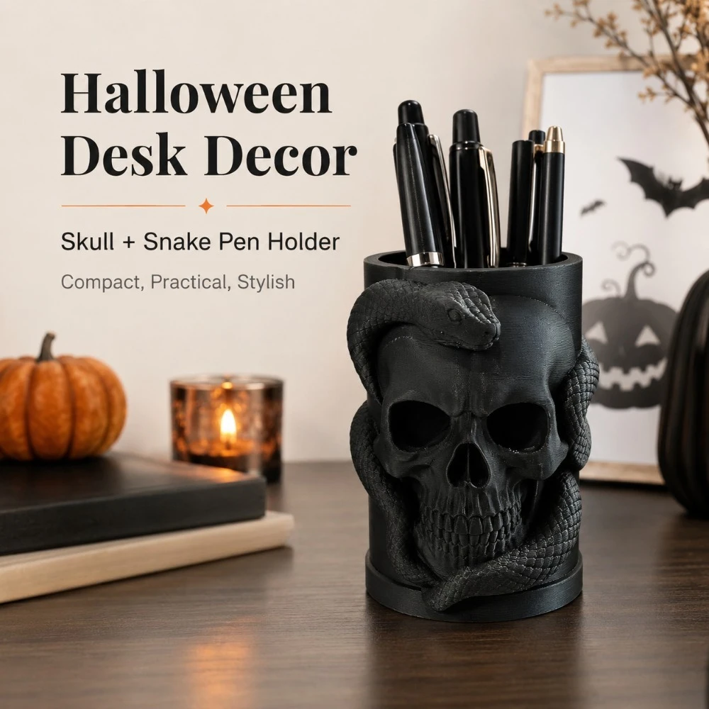 Halloween Dark Skull and Snake Sculpture Pen Holder 3D Printed Desktop Stationery Organizer Bookroom Table Decor Creative Gift