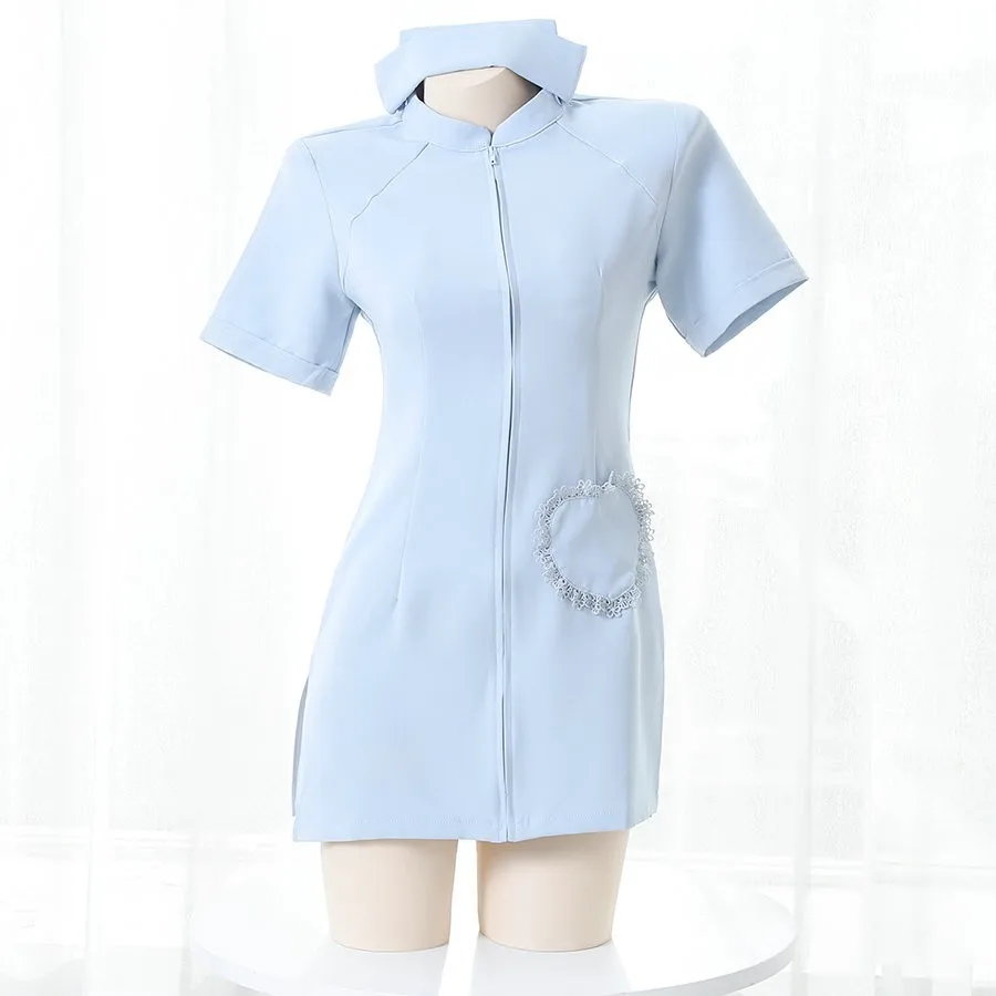 

Японская сексуальная униформа горничной медсестры, искушение, костюм для косплея, сексуальная медсестра, розовая, синяя, с v-образным вырезом, горячая юбка, пальто на молнии, комплект платья