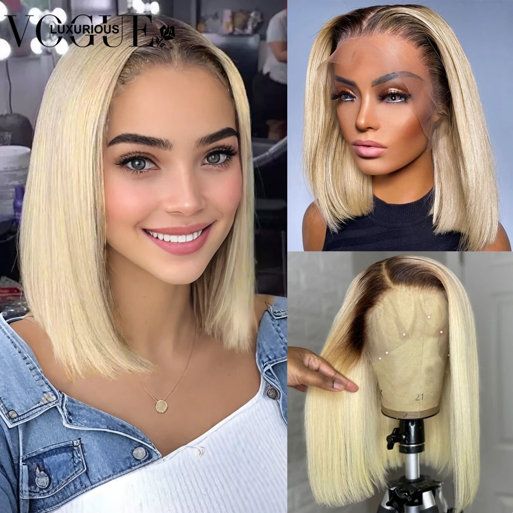 

Short Bob Ombre Honey Blonde Color Remy Human Hair 13x4 Lace Front Wig Easy To Wear Transparent Pixie Cut 5X5 Lace Closure Wigs