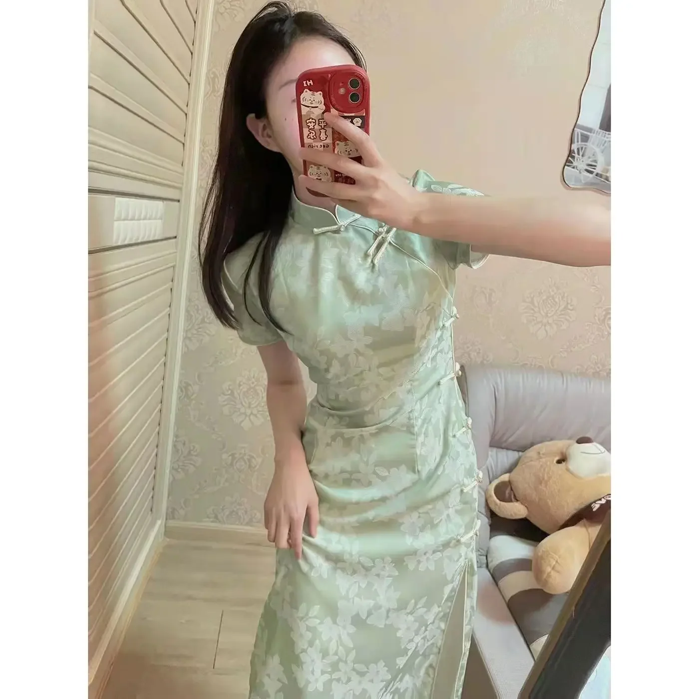 

Cheongsam улучшенное ретро платье 2021, летнее зеленое Ципао в китайском элегантном стиле, повседневное длинное вечернее платье с короткими рукавами