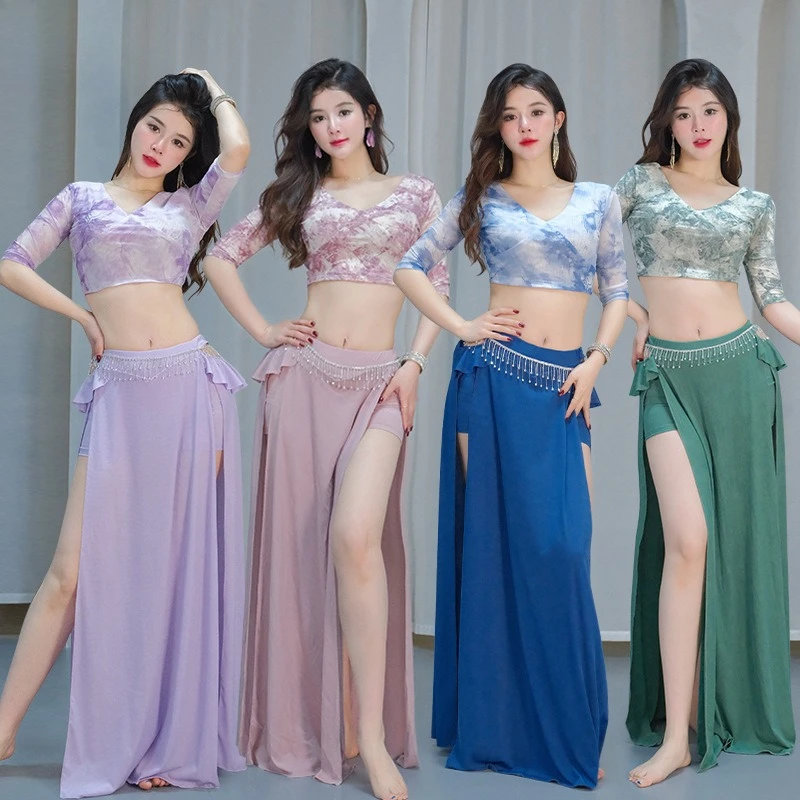 NewBelly 댄스 의상 캐주얼 연습 옷 섹시한 프린트 메쉬 퍼포먼스 의류 롱 스커트 퍼포먼스 의류 슈트