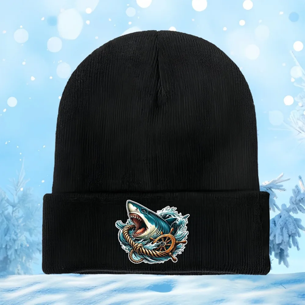 Shark Graphic Print Knit Beanie, Unisex Stretchy Skull Cap, Lightweight Warm Hat for All Seasons