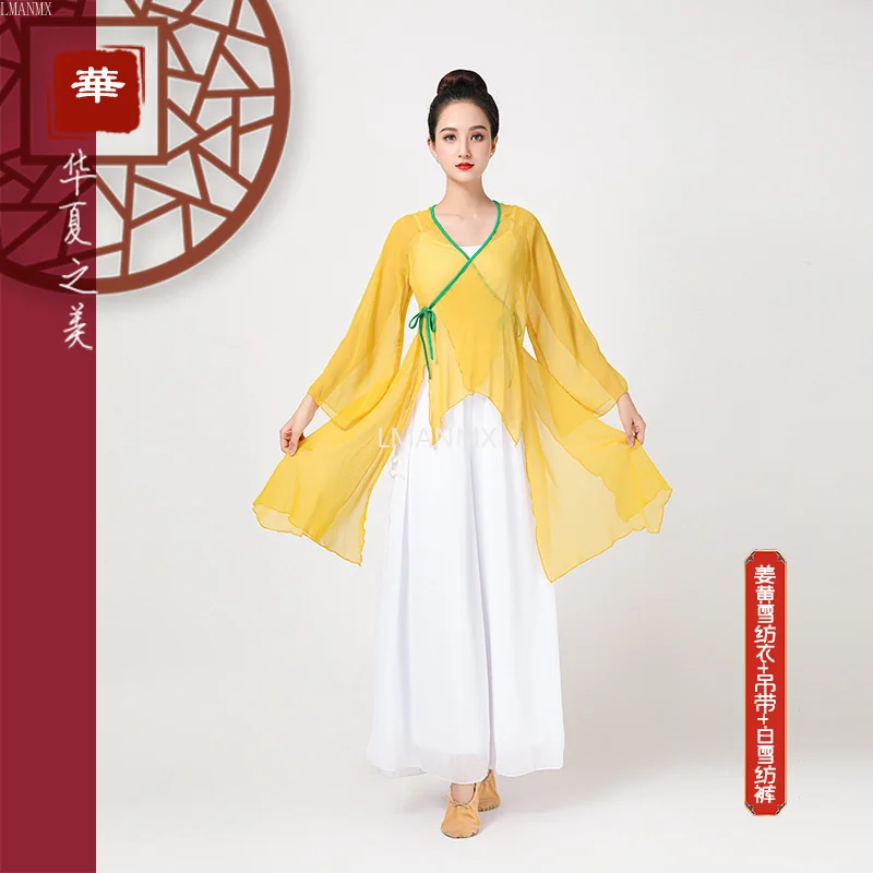 Fato de dança feminino monocromático chiffon decote v, traje tradicional chinês Hanfu, tops clássicos, orientais, elegante, bandagem, 6XL