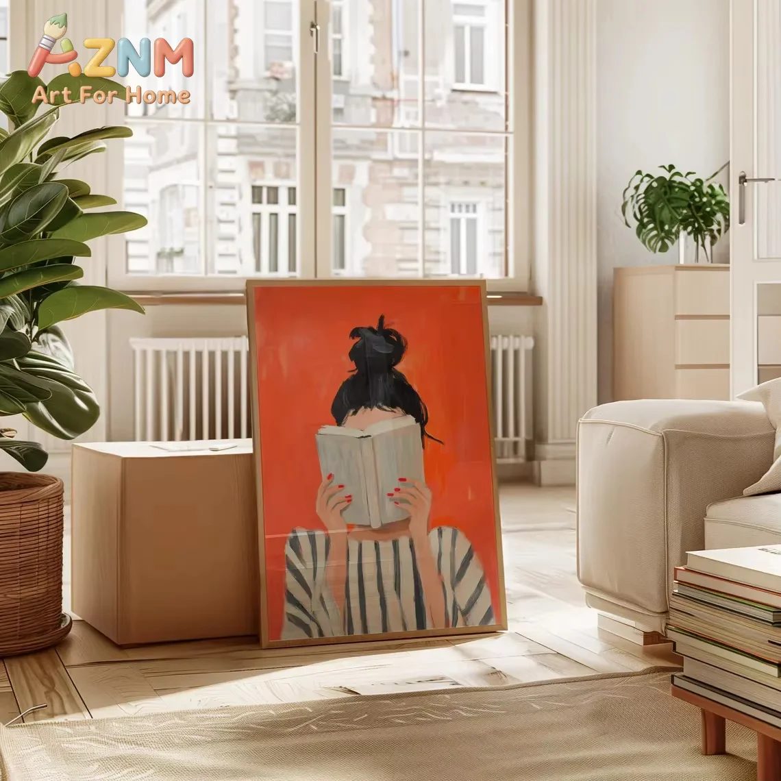 AZNM Reading Woman Art Print _ Book Poster _ Feminine Cozy Wall Art _ Bold Orange Art Print _ Abstract Contemporary Portrait Art