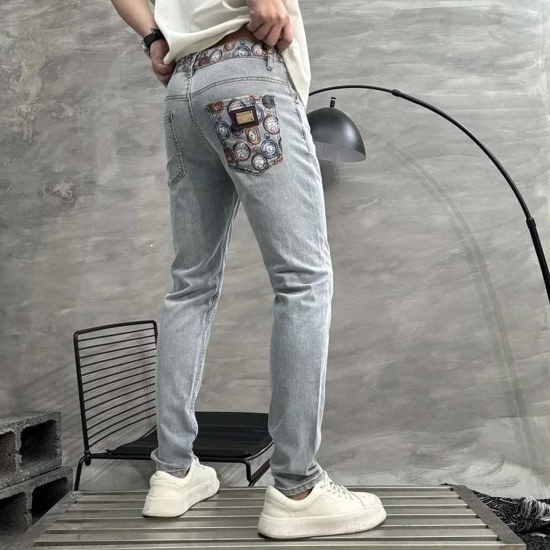 

2025 new men's clothing fashion light luxury printed jeans men's high-end trend slim fit elastic denim small leg pants