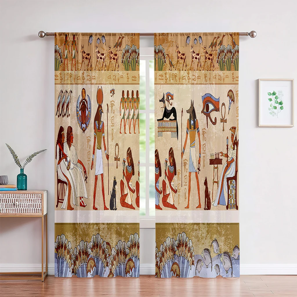 2PCS Indian Creative Cartoon Illustration Curtains, Rod Bag Curtains，Kitchen，Bedroom Window Curtains，Children's Room