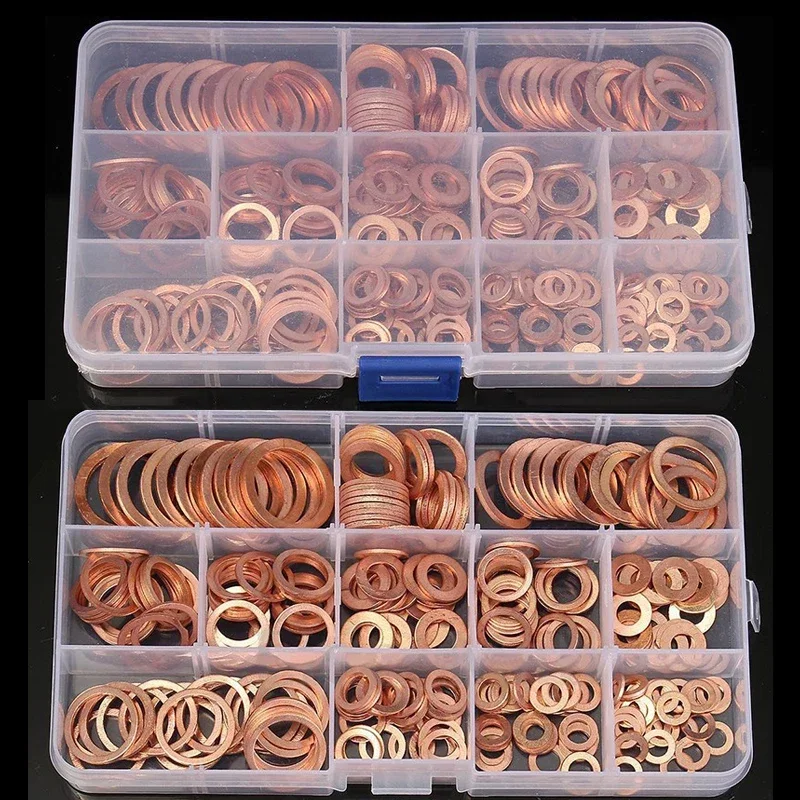 100-400PCS Copper Washer Gasket Nut And Bolt Set Flat Ring Seal Assortment Kit With Box M4/M5/M6/M8/M10/M12/M14 For Sump Plugs