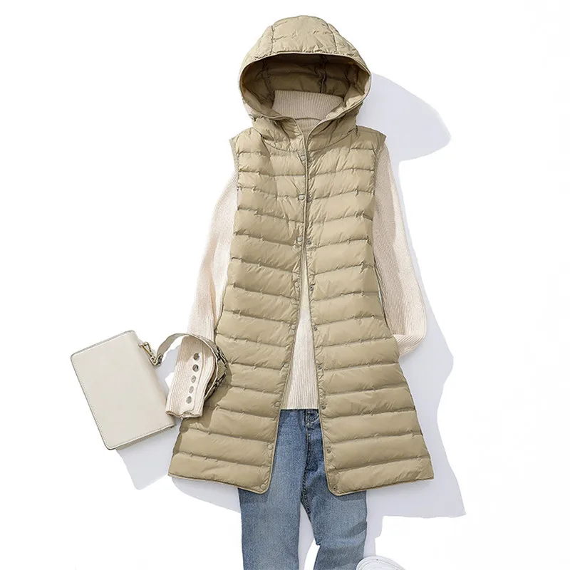 Winter Single Breasted Sleeveless Hooded Down Waistcoat Jacket Women Ultra Light White Duck Down Vest Parkas Lady Long Tank Coat