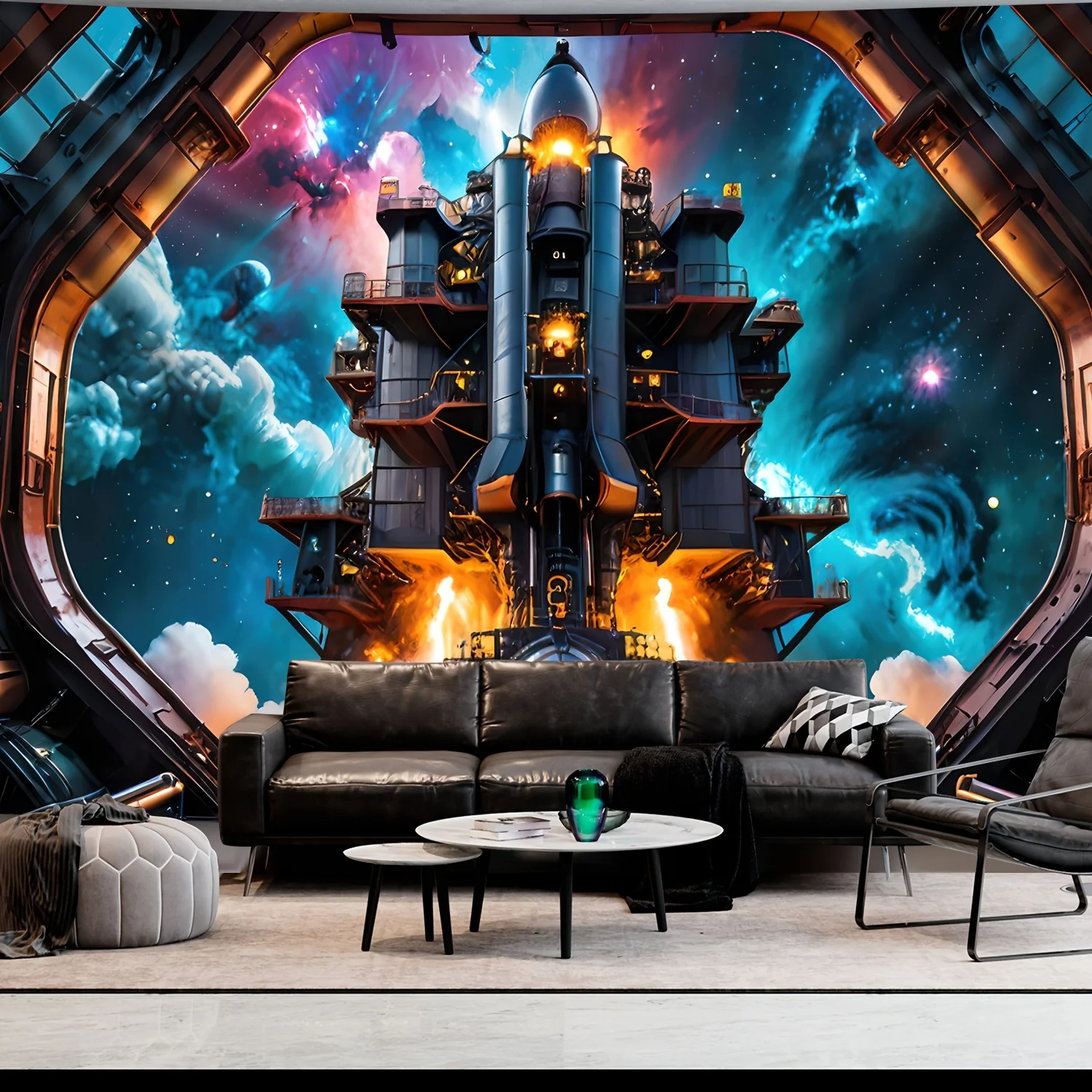 Space Shuttle Launch Wall Tapestry Cosmic Nebula Background Sci Fi Art 2D Flat Print