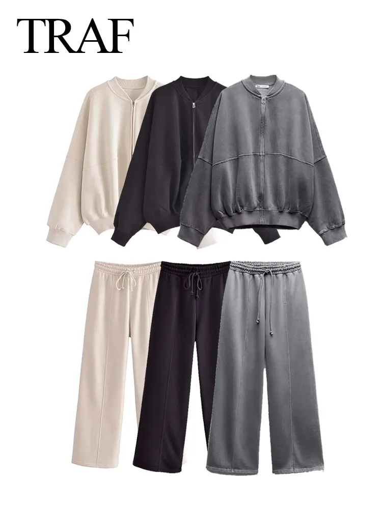 TRAF 2023 Winter Women\'s Fashion Sets 2 Piece Fleece Sweatshirt Lined Stretch Bomber Jacket + High Waist Wild Female Pants