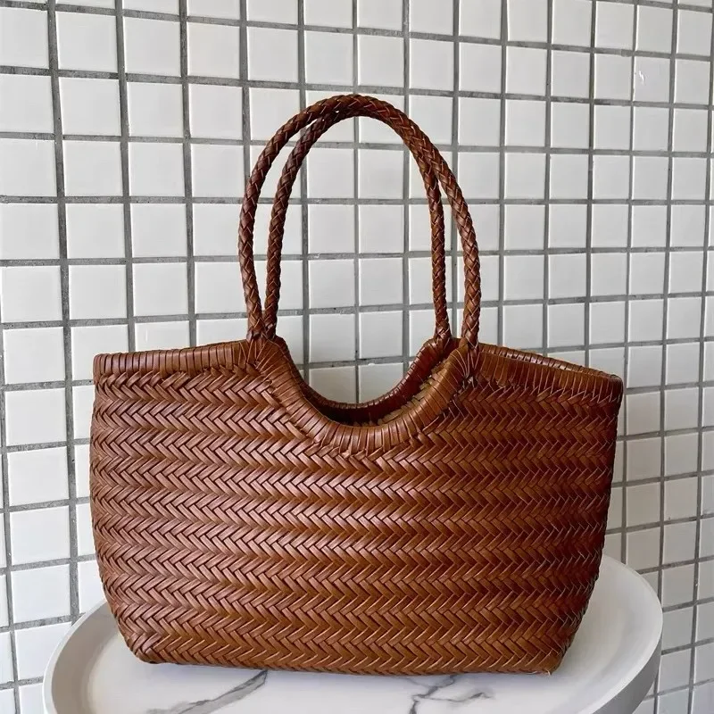 Genuine leather handwoven vegetable basket tote bag French retro style women’s vacation accessory crafted from imported view 3