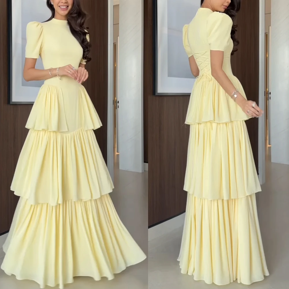Customized High Neck Evening Dresses Long A Line Robe De Soirée Short Sleeve Yellow Crepe فساتين سهرة Party Dress for Women