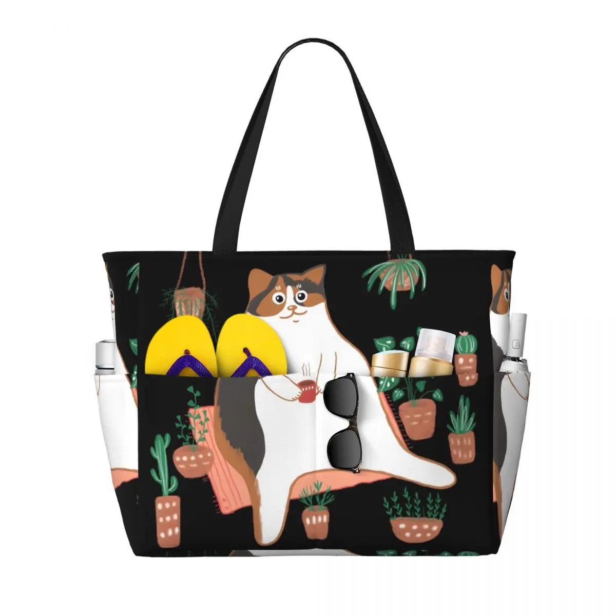 

Calico Cat With Pot Plants Cat For Mom Beach Tote Bag Sport Gym Yoga Duffle Large Tote Bag Women Travel Bag Fitness bag