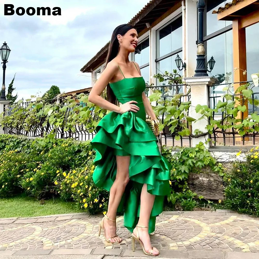 Booma Green Evening Dresses Spaghetti Straps Prom Gowns Tiered Stain Formal Party Dresses for Women Dubai Celebrity Dress