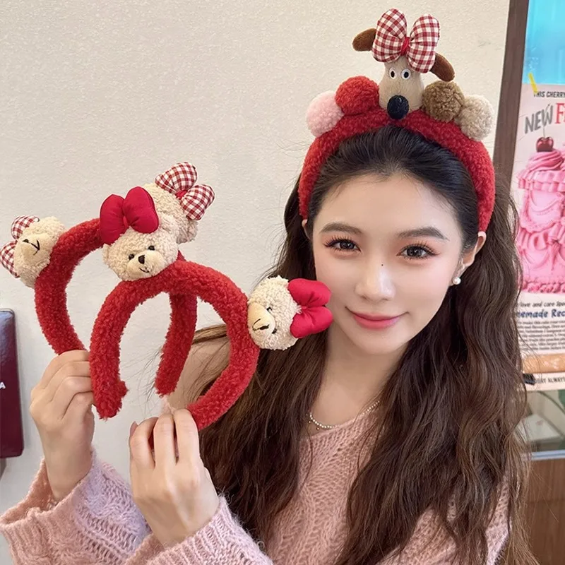 Cute red plush cartoon bow little bear headband women's autumn and winter new style face and makeup special headwear and hair