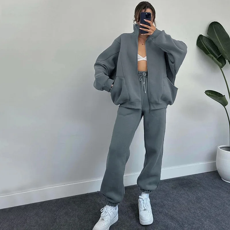 Solid Color Suit Sports Style Autumn 2025 Winter Jacket And Trousers Two-piece Set Pantolon Setleri Women Two Piece Knitwear Set