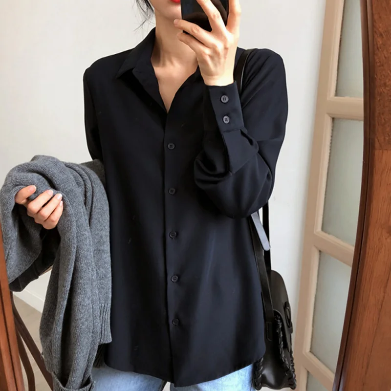 new Spring Fashion Women Tops Blouse White Blouse Bottom Shirt Black Korean Chiffon Shirt Office Lady Clothes All-match 6830