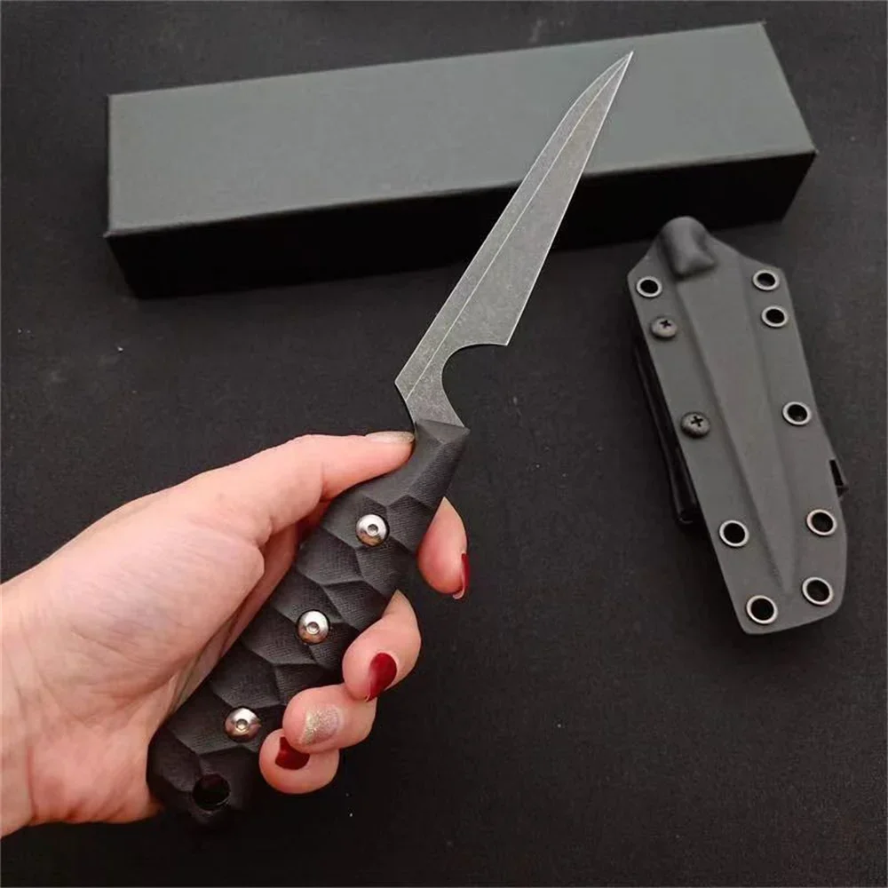 Classics Portable Utility Fixed Blade Knife Stonewashed 1070 Steel Blade G10 Handle with K Sheath Tactical Camping Hunting Tool