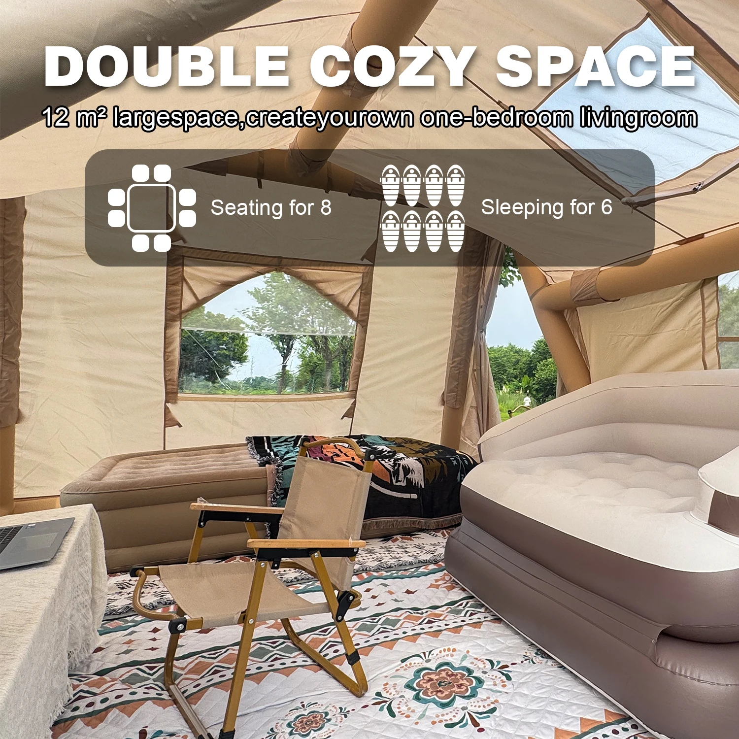 6/8 Person Large Inflatable Tents for Camping, 4 Season Blow Up Tents with Canopy, Luxury Inflatable Tent House with Stove Jack