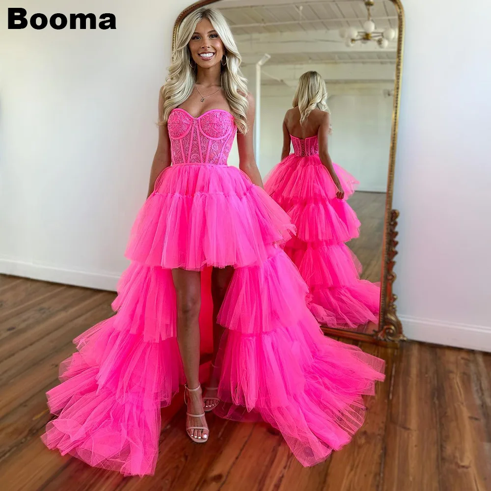 

Booma Hot Pink High Low Prom Dresses Sweetheart Strapless Tiered Tulle Graduation Party Dresses Prom Gowns Women's Evening Dress