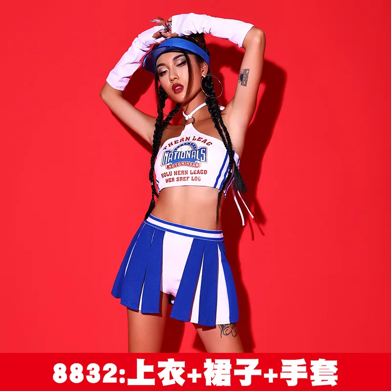 

Jazz Kpop Stage Outfits Blue White Halter Top Mini Skirt Shorts Empty Top Cap Cheerleader Uniform Nightclub DJ Singer Hip Hop