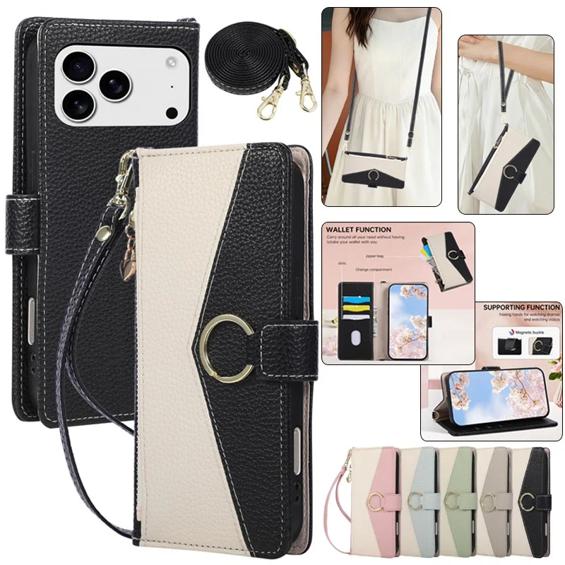 

Ring Buckle Leather Zipper Wallet Phone Case For iPhone 17 Air 17E 16E 16 Pro Max 15 Plus 14 13 12 11 Crossbody Flip Cards Cover