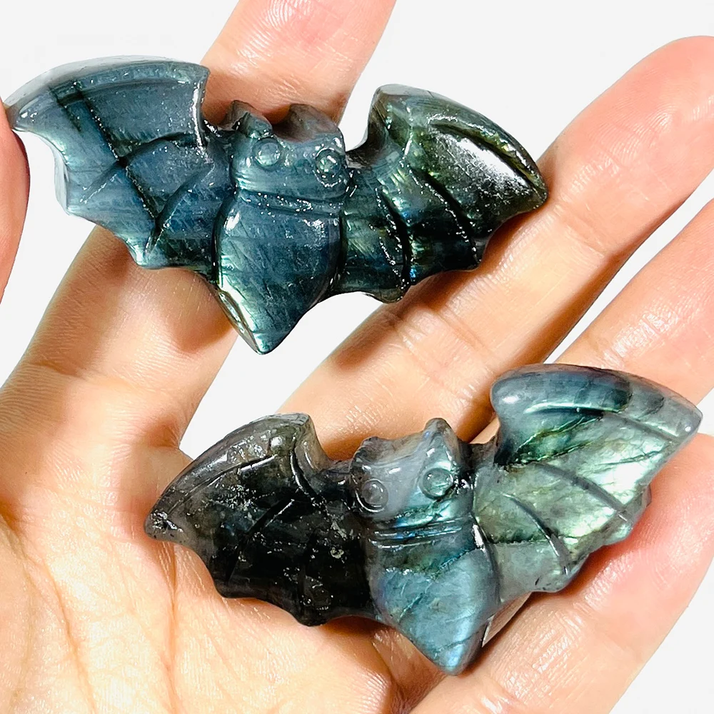 1pc Natural Crystal Obsidian & Labradorite Bat Carving, Energy Gemstone Handcarved Halloween Decoration, Reiki Crystal Party Dec