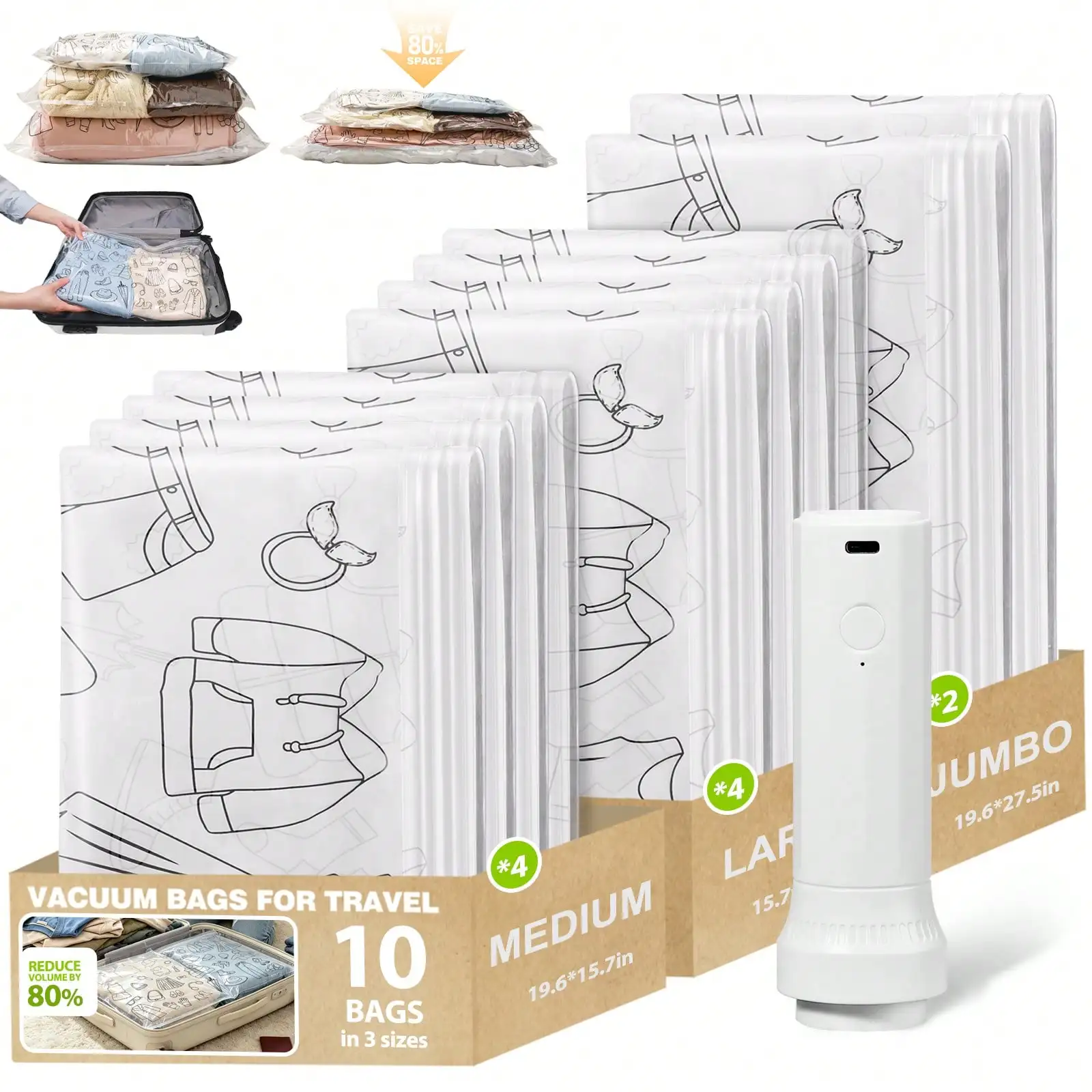 

11 Pack Travel Vacuum Bags With Pump,1500mAh USB Rechargeable, Vacuum Storage Bags Space Saver Travel, Vacuum Compression Bag