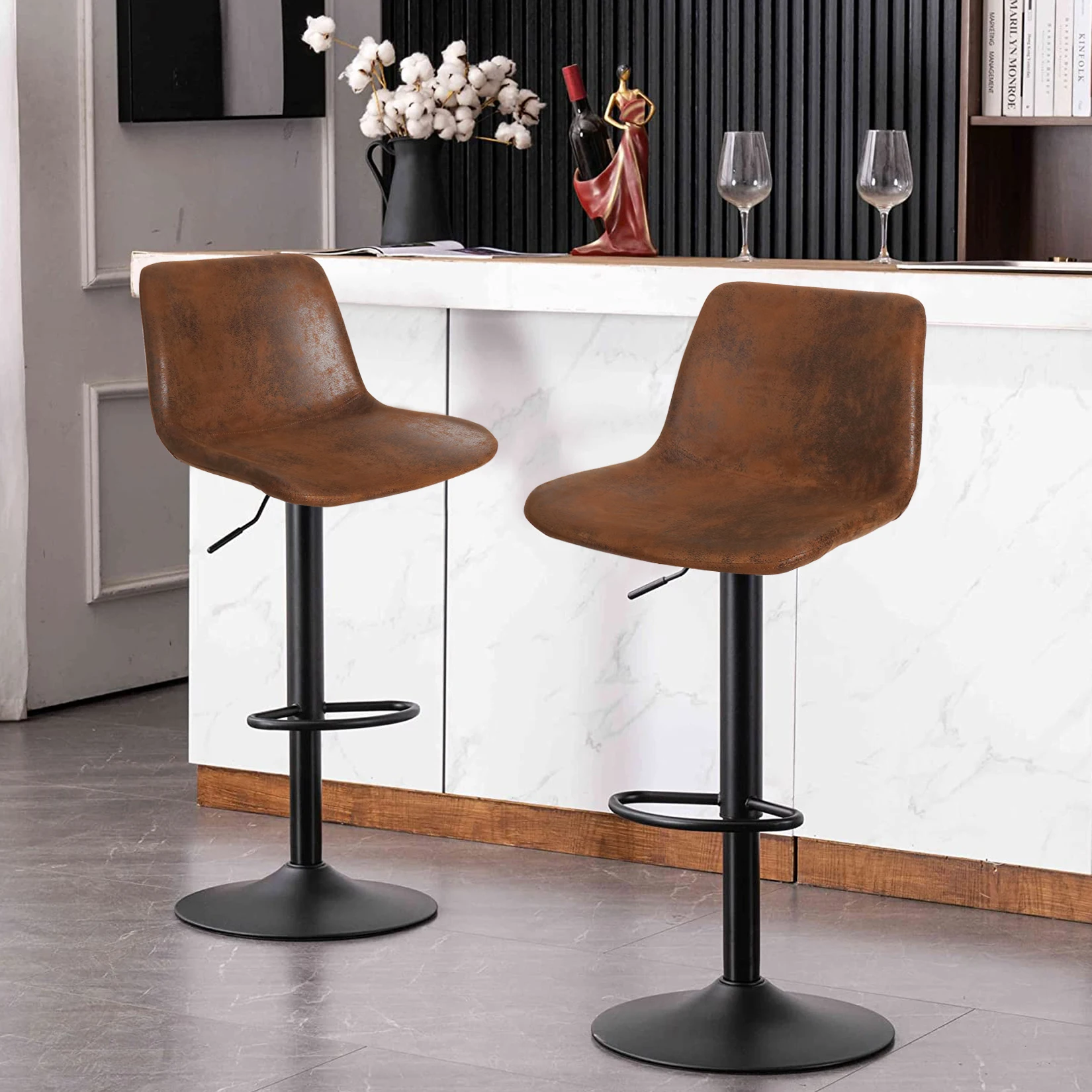 2x Industrial Vintage Tall Bar Stools Adjustable Pipe Kitchen Pub Stool Leather Padded Seat  Bar Chair Furniture