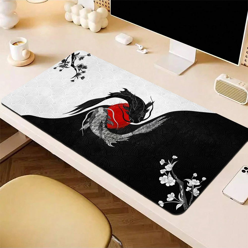 

Anime Gaming Mouse Pad Large Non-Slip Mousepad Gamer Black And White Koi Mouse Mat Office Locking Edge Computer Keyboard Mats