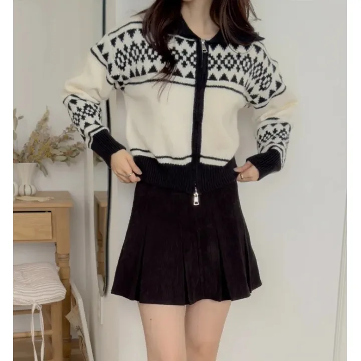 

Корейский вязаный свитер-пальто на молнии с воротником-стойкой, двойной застежкой, в стиле колор-блок, зимняя куртка для женщин, повседневная уличная одежда