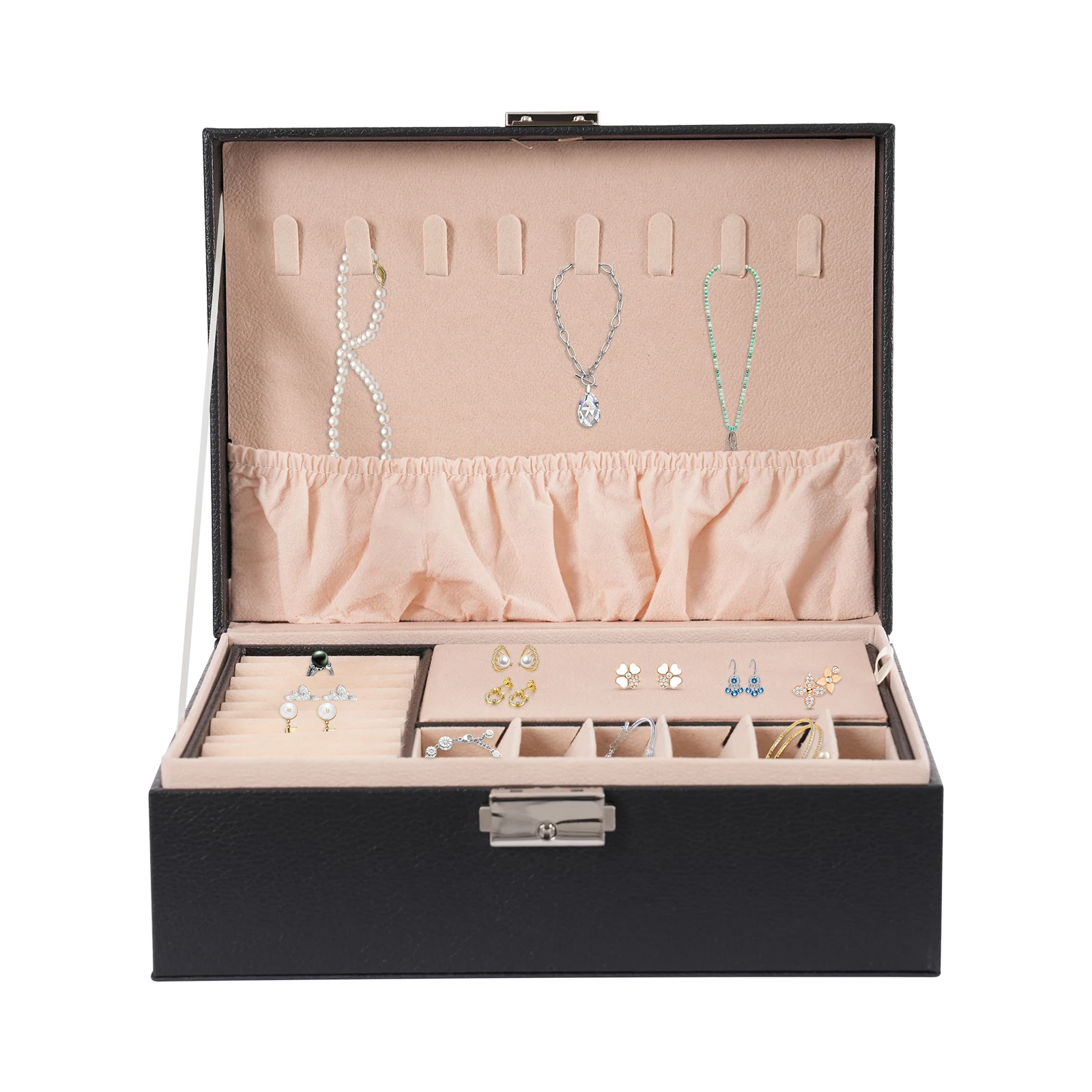 2-lagige abschließbare Schmuckaufbewahrungsbox mit herausnehmbaren Trennwänden, Schreibtisch-Organizer für Ringe, Ohrringe, Armbänder, Halsketten, Broschen, für den täglichen Schmuckaufbewahrungszweck auf dem Schminktisch zu Hause. – Detail 20