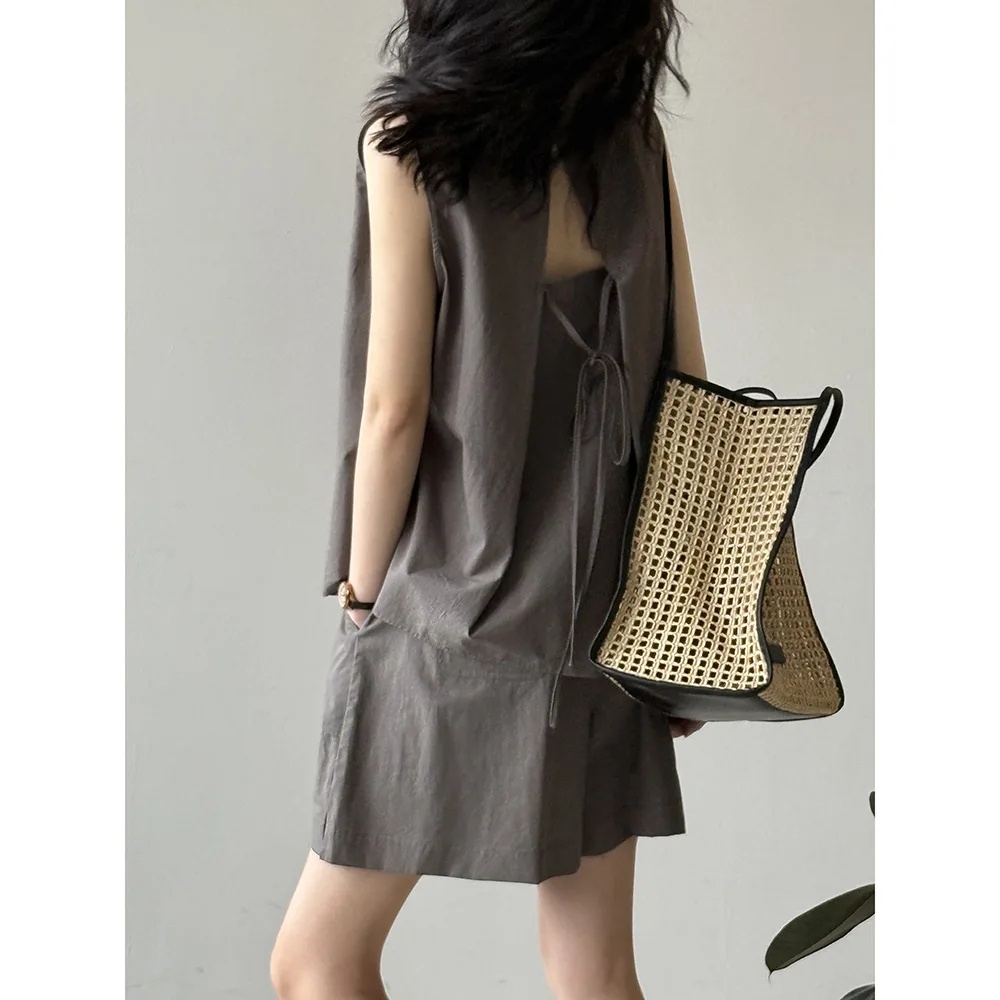 

Женский свободный и простой топ без рукавов с открытой спиной, женские летние широкие шорты, темпераментный комплект из двух предметов