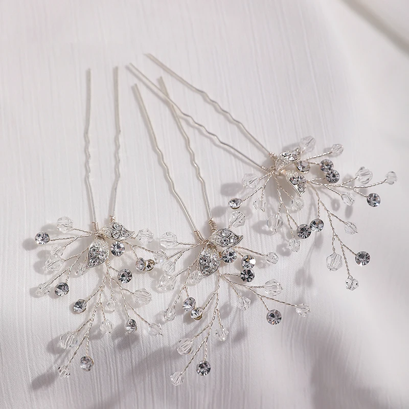 Fashion Rhinestone Crystals Hair Pins Set Bridal Clips Girls Pieces Handmade Gold Silver Color Women Headpiece Accessoris