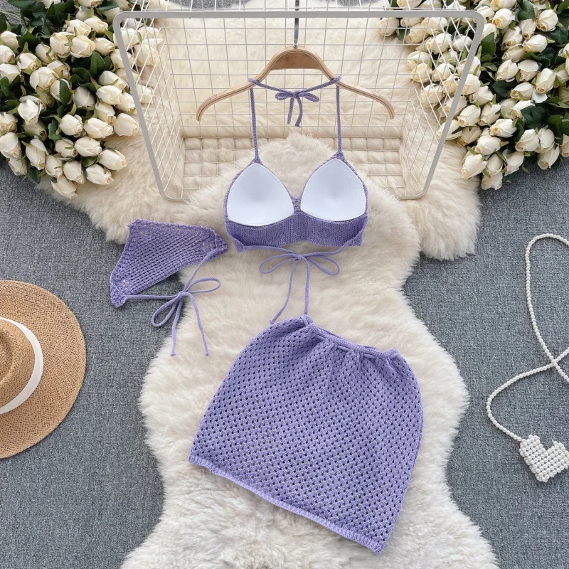 Knit Crochet Women Bikini Set Flower Patchwork Spaghetti Straps Mini Skirts Matching 3 Piece Set 2024 Summer Beach Bathing Suit