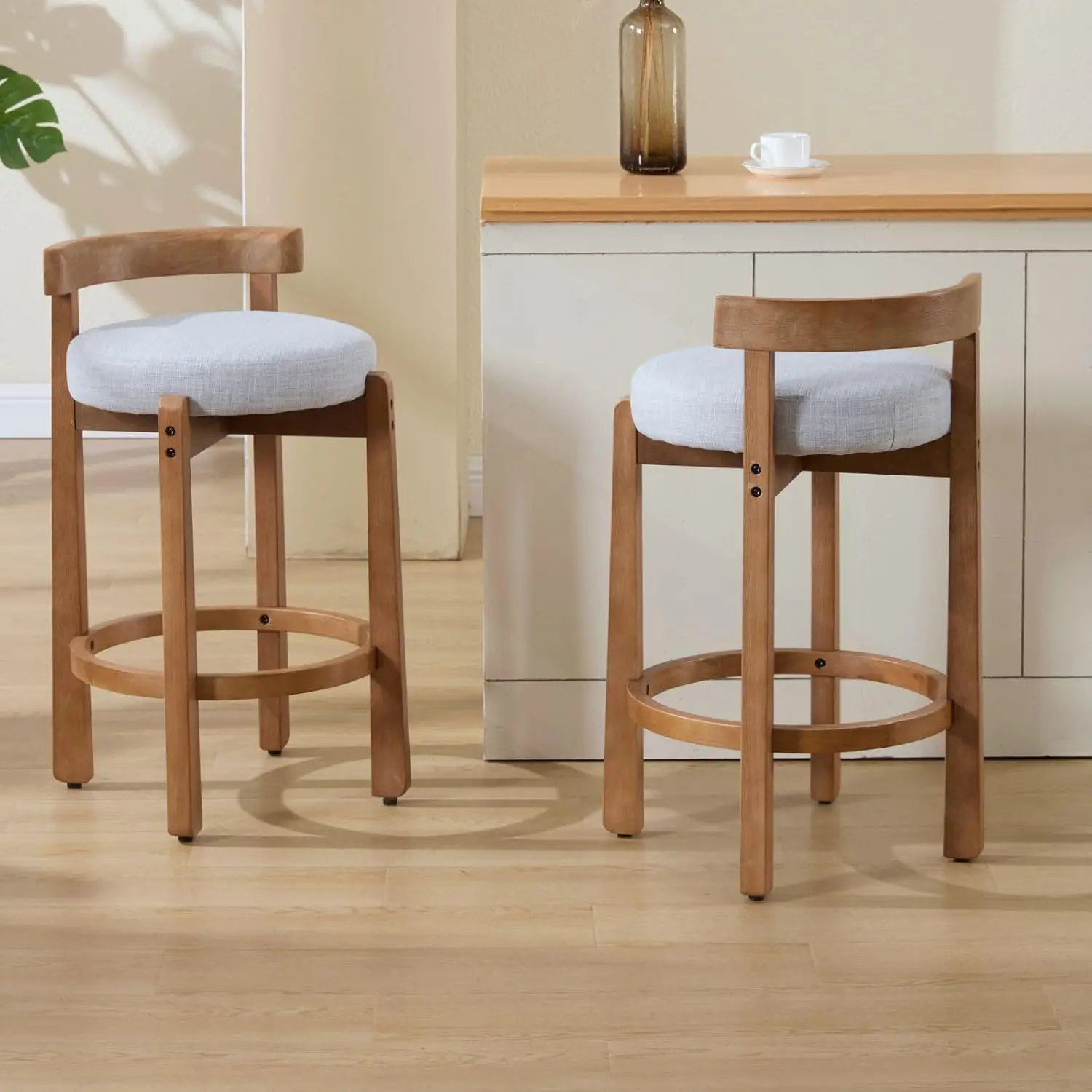 Mid Century Linen Counter Stools Set of 2, Upholstered 26.5