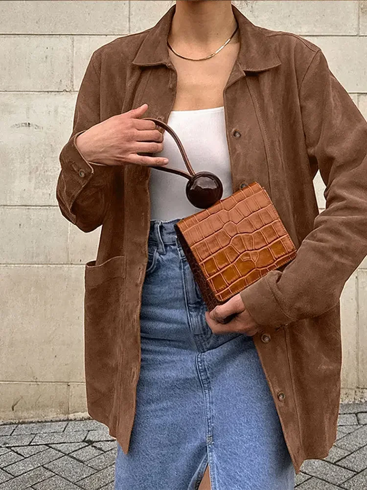 Fashion Brown Suede Shirts For Women Elegant Turn-down Collar Single Breasted Pocket Jackets Female Autumn Lady Street Outerwear