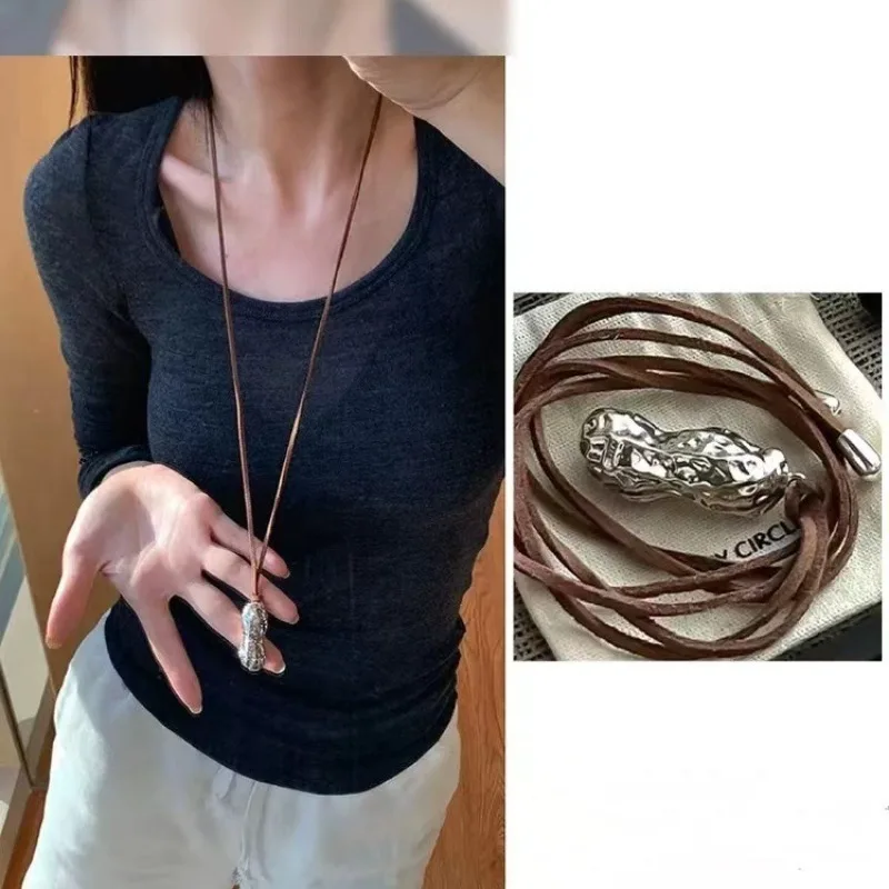 Good News Peanut Silver Pendant Necklace 2024 New Versatile Stylish High-end Sweater Chain Autumn and Winter Accessories